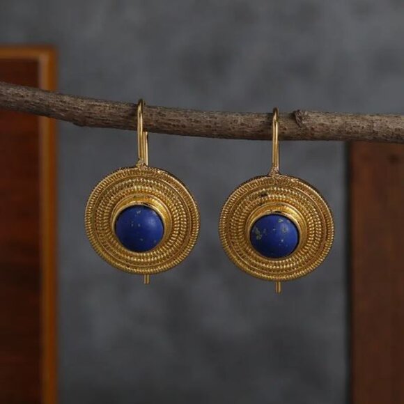 NEW Apollonia Roman Revival Lapis Blue Gold Plated Drop Earrings - Picture 2 of 5